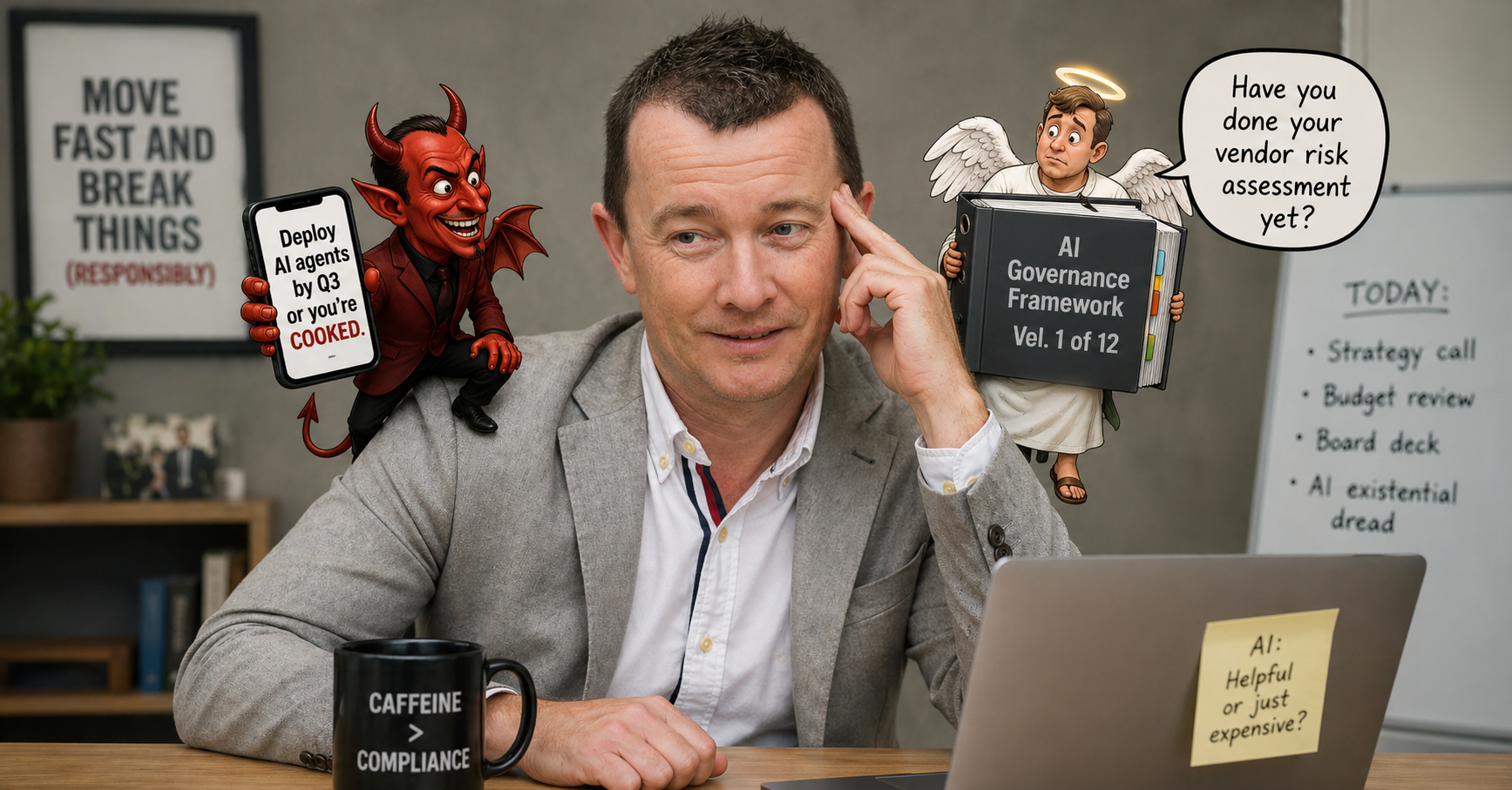 A middle-market executive caught between a devil whispering 'deploy AI agents by Q3 or you're cooked' and an angel asking 'have you done your vendor risk assessment yet?'