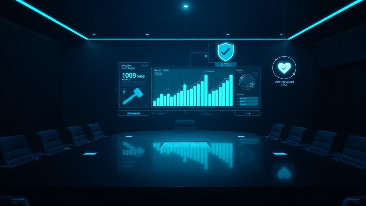 Dark boardroom with a glowing GRC dashboard