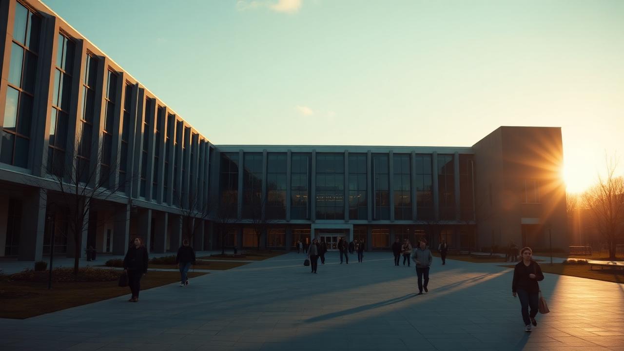 University campus at dusk with overlaid data nodes