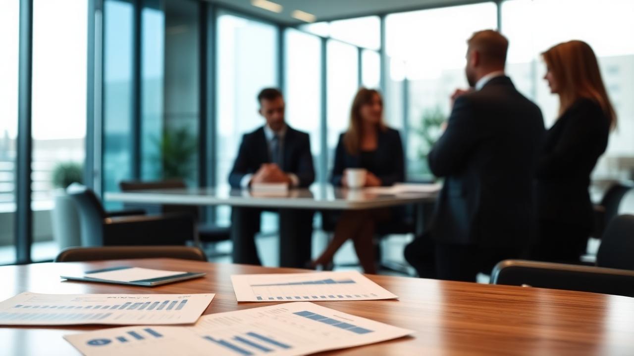 Wealth management advisors meeting in a glass-walled boardroom with financial documents